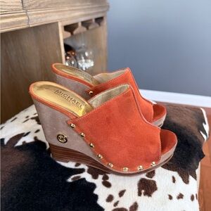 Michael Kors Orange and Tan Wedge Mules